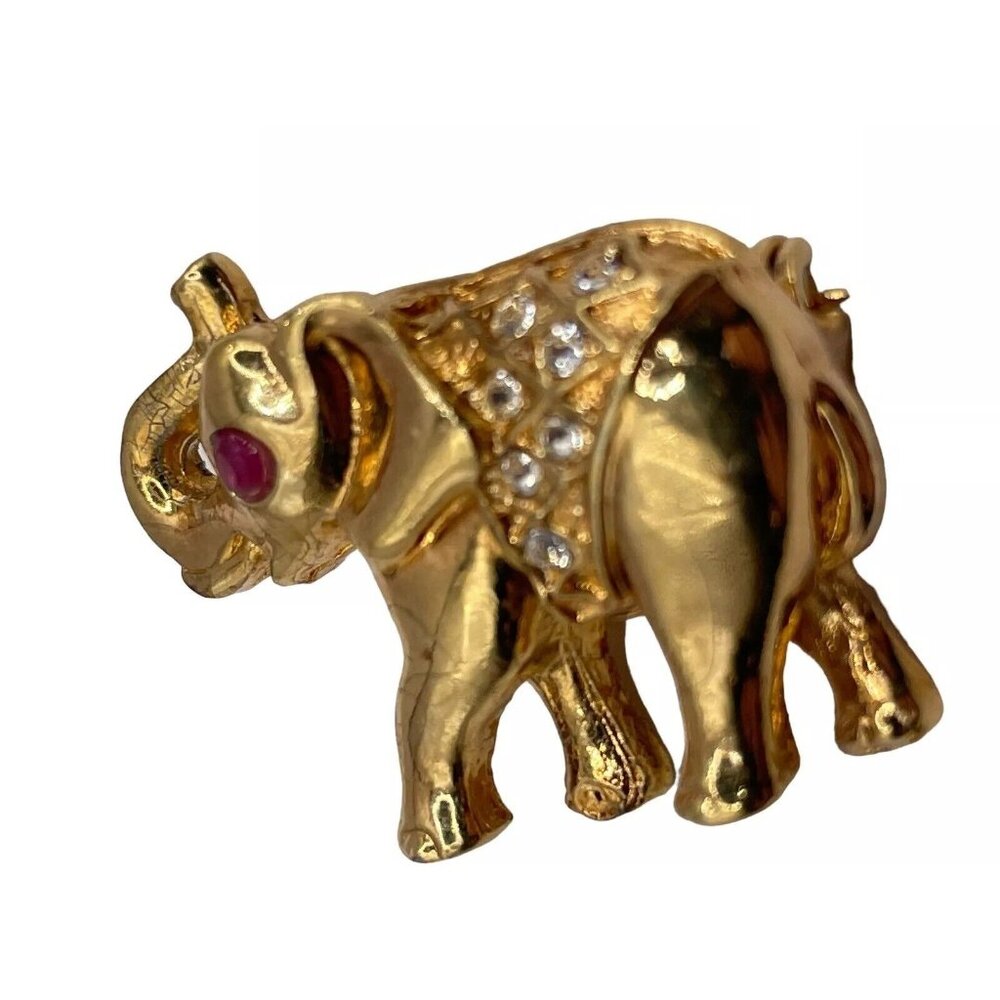 Vintage‎ Elephant Brooch Pin Pave Crystals Trunk Up Gold Tone Red Eye 1” Mini - Picture 3 of 6